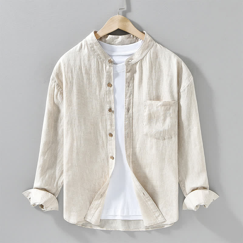 Buddha Stones Chemises à manches longues pour homme en lin uni, col mandarin, style décontracté printanier, avec poche plaquée - Beige - US/UK/AU42，EU52 (3XL) - image 0