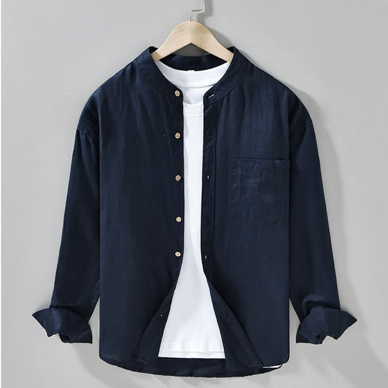 Buddha Stones Chemises à manches longues pour homme en lin uni, col mandarin, style décontracté printanier, avec poche plaquée - Bleu nuit - US/UK/AU42，EU52 (3XL) - image 9