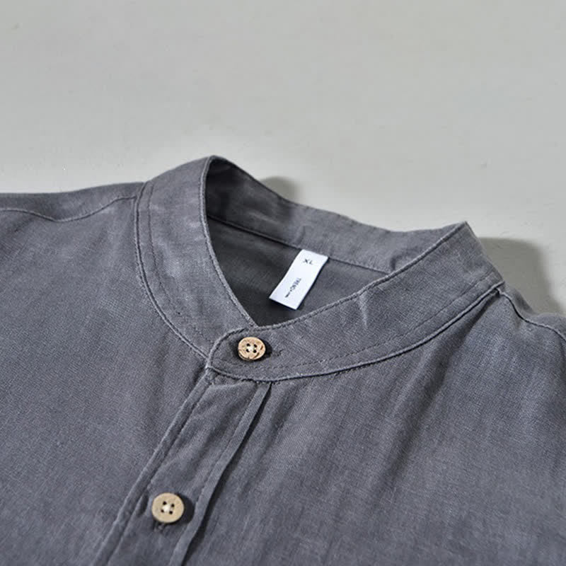 Buddha Stones Chemises à manches longues pour homme en lin uni, col mandarin, style décontracté printanier, avec poche plaquée - image 14