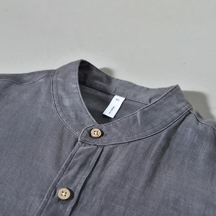 Buddha Stones Chemises à manches longues pour homme en lin uni, col mandarin, style décontracté printanier, avec poche plaquée - image 14