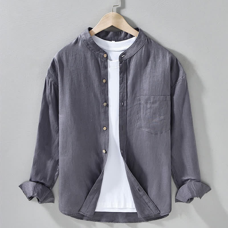 Buddha Stones Chemises à manches longues pour homme en lin uni, col mandarin, style décontracté printanier, avec poche plaquée - Gris ardoise - US/UK/AU42，EU52 (3XL) - image 13