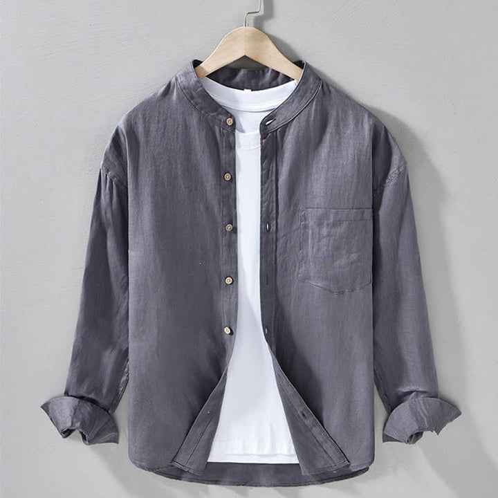 Buddha Stones Chemises à manches longues pour homme en lin uni, col mandarin, style décontracté printanier, avec poche plaquée - Gris ardoise - US/UK/AU42，EU52 (3XL) - image 13