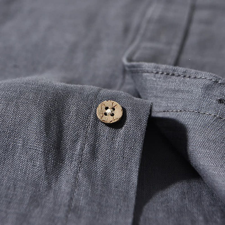 Buddha Stones Chemises à manches longues pour homme en lin uni, col mandarin, style décontracté printanier, avec poche plaquée - image 15