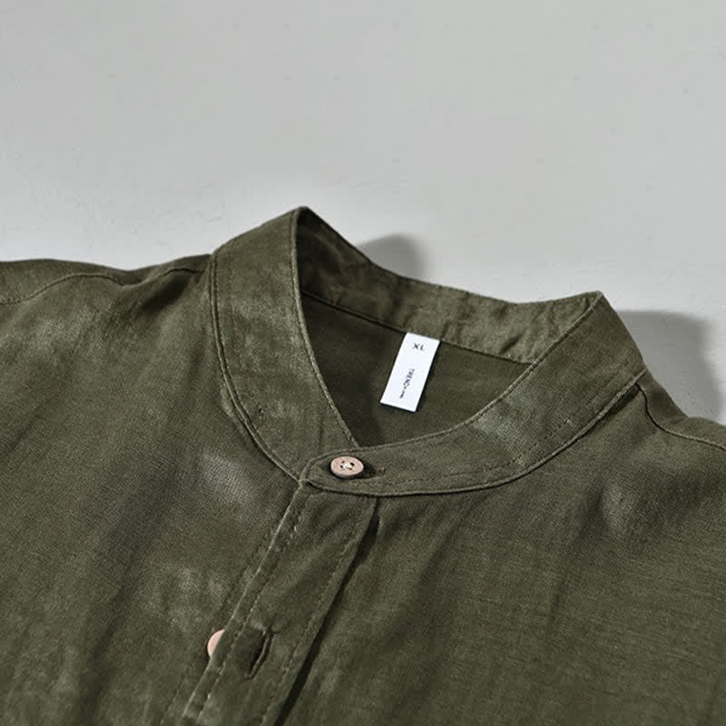 Buddha Stones Chemises à manches longues pour homme en lin uni, col mandarin, style décontracté printanier, avec poche plaquée - image 18