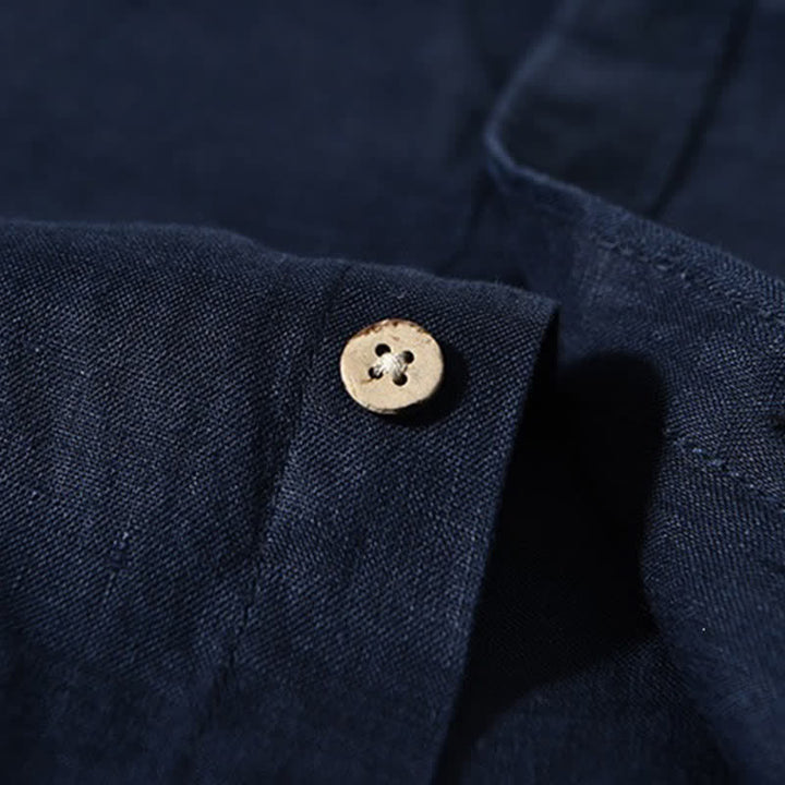 Buddha Stones Chemises à manches longues pour homme en lin uni, col mandarin, style décontracté printanier, avec poche plaquée - image 11