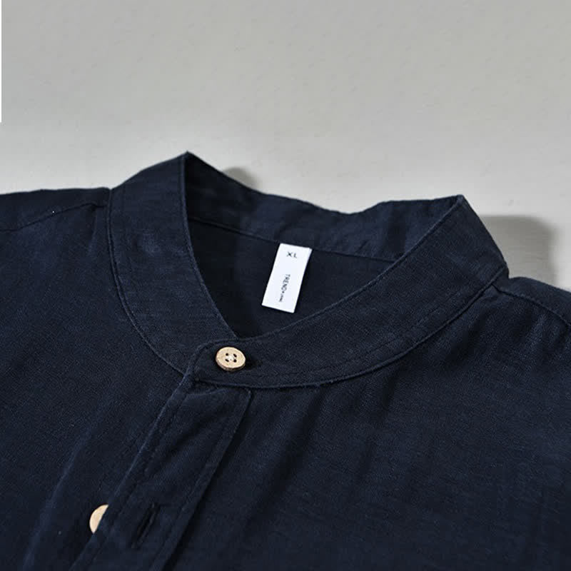 Buddha Stones Chemises à manches longues pour homme en lin uni, col mandarin, style décontracté printanier, avec poche plaquée - image 10