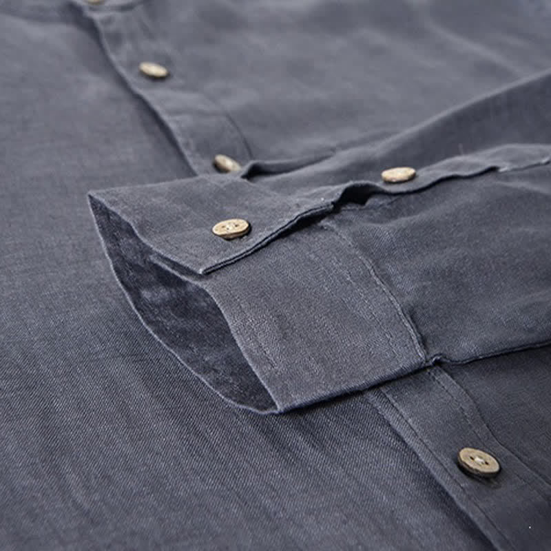 Buddha Stones Chemises à manches longues pour homme en lin uni, col mandarin, style décontracté printanier, avec poche plaquée - image 16