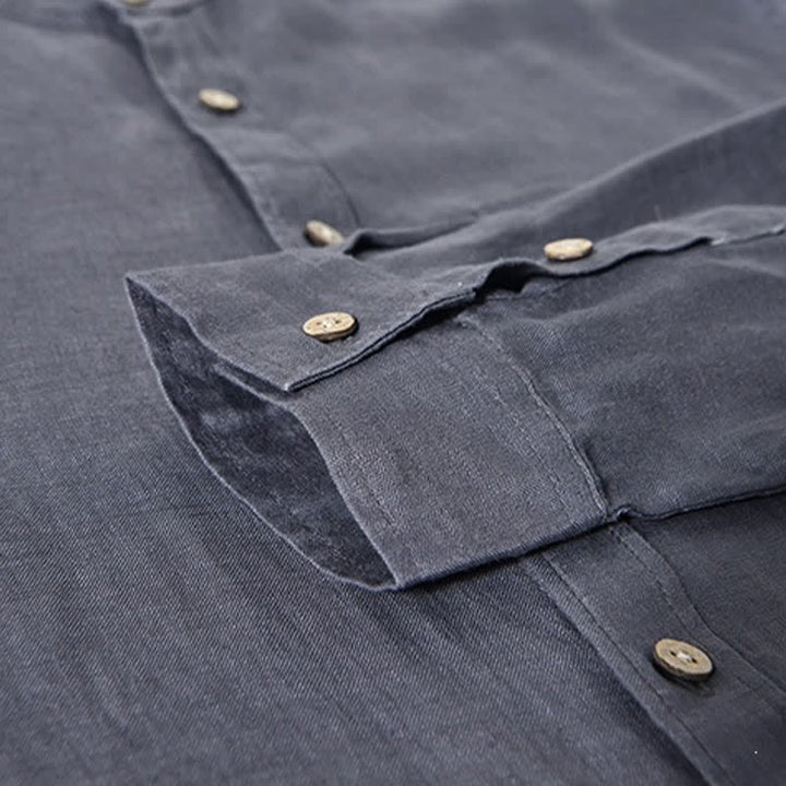 Buddha Stones Chemises à manches longues pour homme en lin uni, col mandarin, style décontracté printanier, avec poche plaquée - image 16