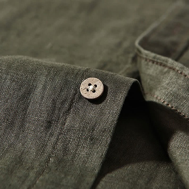 Buddha Stones Chemises à manches longues pour homme en lin uni, col mandarin, style décontracté printanier, avec poche plaquée - image 19