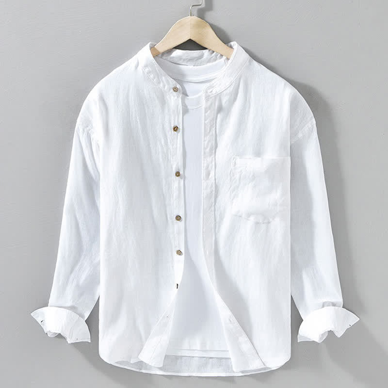 Buddha Stones Chemises à manches longues pour homme en lin uni, col mandarin, style décontracté printanier, avec poche plaquée - Blanc - US/UK/AU42，EU52 (3XL) - image 21