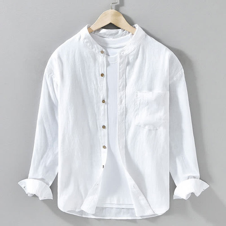 Buddha Stones Chemises à manches longues pour homme en lin uni, col mandarin, style décontracté printanier, avec poche plaquée - Blanc - US/UK/AU42，EU52 (3XL) - image 21