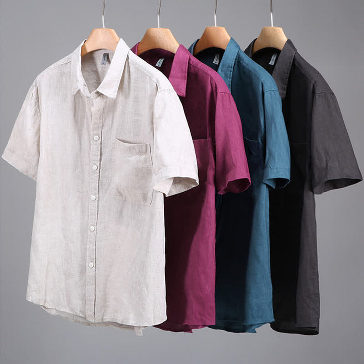 Buddha Stones Chemises d'été décontractées à manches courtes en lin uni pour homme, avec poche plaquée - image 12