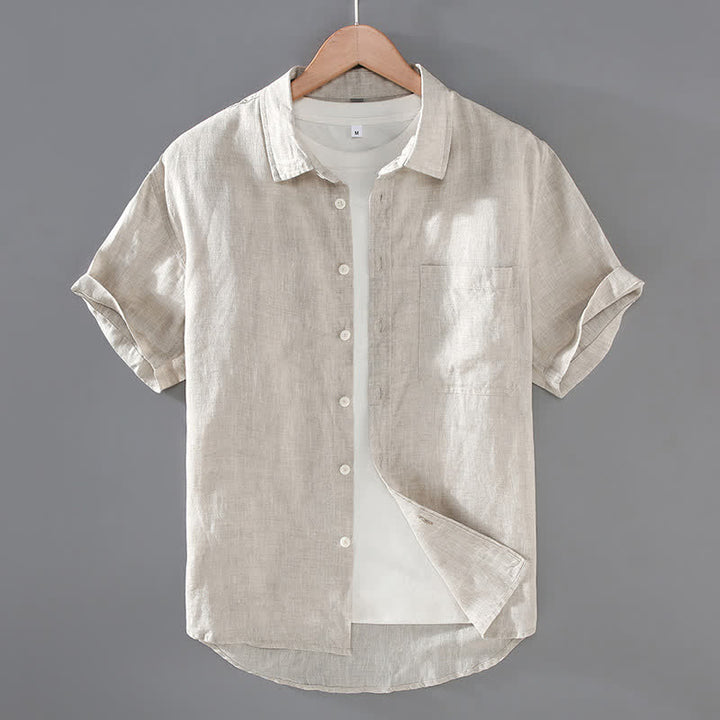 Buddha Stones Chemises d'été décontractées à manches courtes en lin uni pour homme, avec poche plaquée - Beige - US/UK/AU42，EU52 (3XL) - image 0
