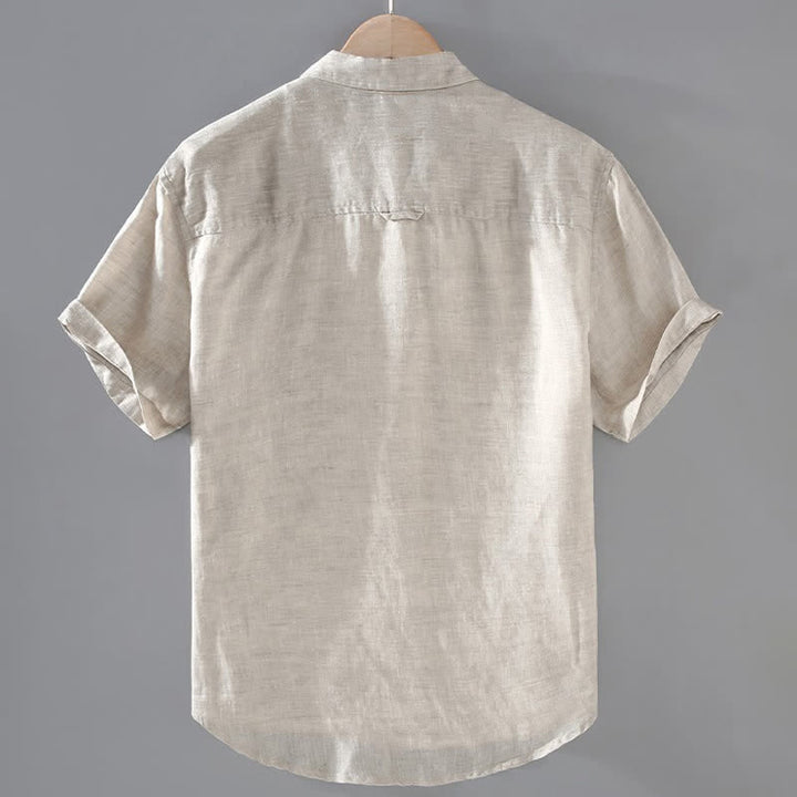 Buddha Stones Chemises d'été décontractées à manches courtes en lin uni pour homme, avec poche plaquée - image 1