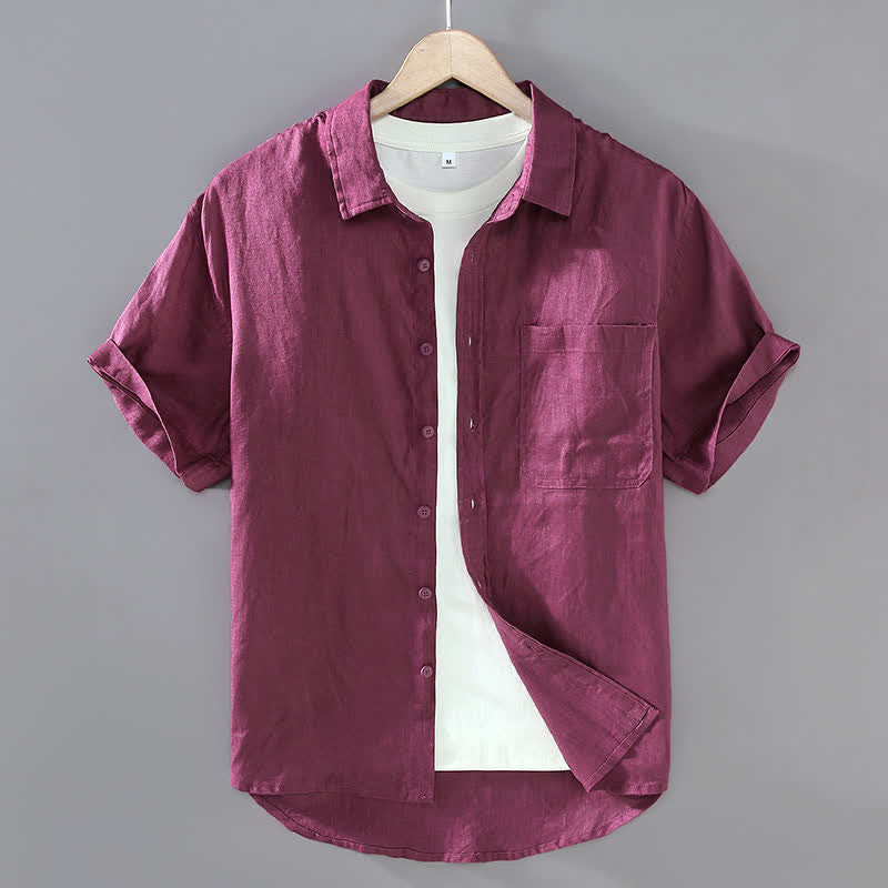 Buddha Stones Chemises d'été décontractées à manches courtes en lin uni pour homme, avec poche plaquée - Rouge violet pâle - US/UK/AU42，EU52 (3XL) - image 11