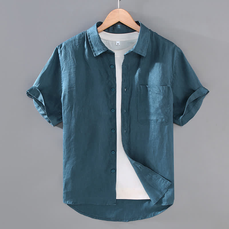 Buddha Stones Chemises d'été décontractées à manches courtes en lin uni pour homme, avec poche plaquée - CadetBlue - US/UK/AU42，EU52 (3XL) - image 10