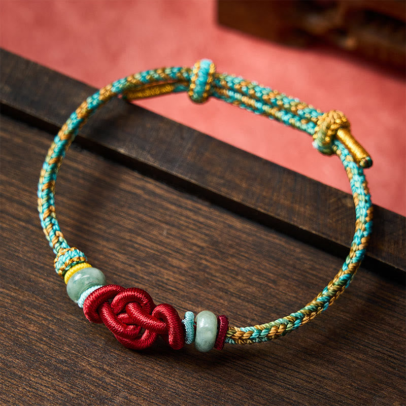 Buddha Stones Bracelet ajustable en jade jaune et vert tressé à la main, orné d'un nœud Wenchang et orné d'un nœud porte-bonheur. - image 1