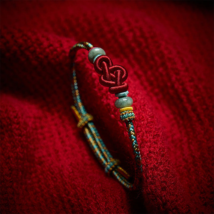 Buddha Stones Bracelet ajustable en jade jaune et vert tressé à la main, orné d'un nœud Wenchang et orné d'un nœud porte-bonheur. - image 2