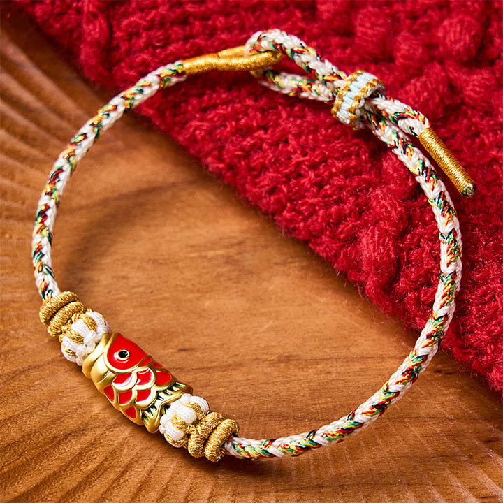 Buddha Stones Bracelet porte-bonheur en corde tressée à la main avec motif de carpes koï - Beige avec accessoire poisson koi - image 22