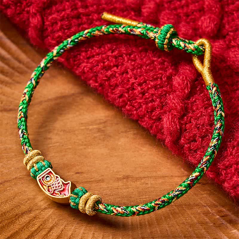 Buddha Stones Bracelet en corde tressée à la main avec motif de carpes koï, résistant et résistant. - Vert (Tour de poignet : 15-18 cm) - image 0