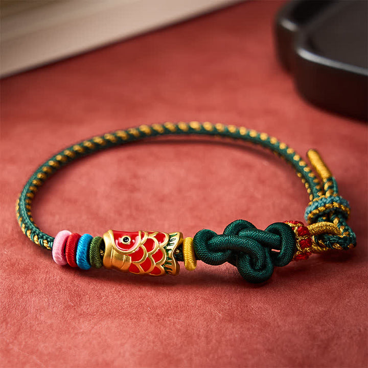 Buddha Stones Bracelet de protection en cordelette vert foncé et jaune tissée à la main, motif carpe koï rouge - image 2