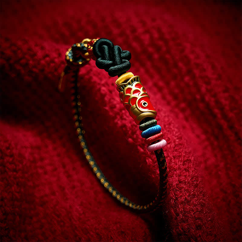 Buddha Stones Bracelet de protection en cordelette vert foncé et jaune tissée à la main, motif carpe koï rouge - image 3