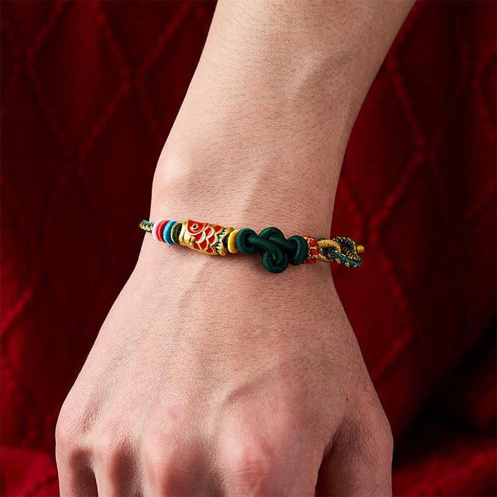 Buddha Stones Bracelet de protection en cordelette vert foncé et jaune tissée à la main, motif carpe koï rouge - image 4