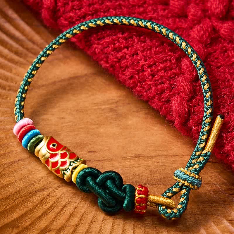 Buddha Stones Bracelet de protection en cordelette vert foncé et jaune tissée à la main, motif carpe koï rouge - Vert (Tour de poignet : 15-18 cm) - image 0