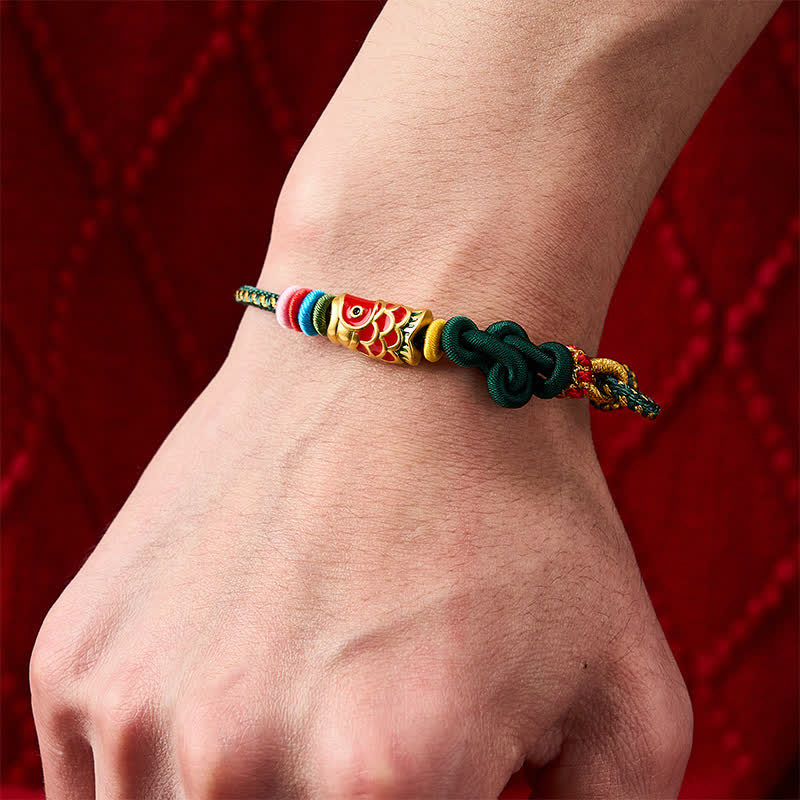 Buddha Stones Bracelet de protection en cordelette vert foncé et jaune tissée à la main, motif carpe koï rouge - image 5