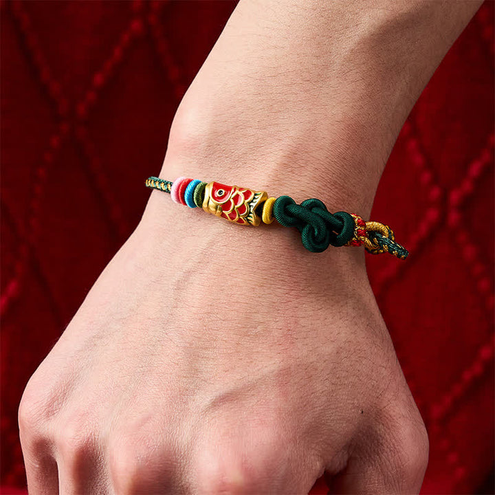 Buddha Stones Bracelet de protection en cordelette vert foncé et jaune tissée à la main, motif carpe koï rouge - image 5