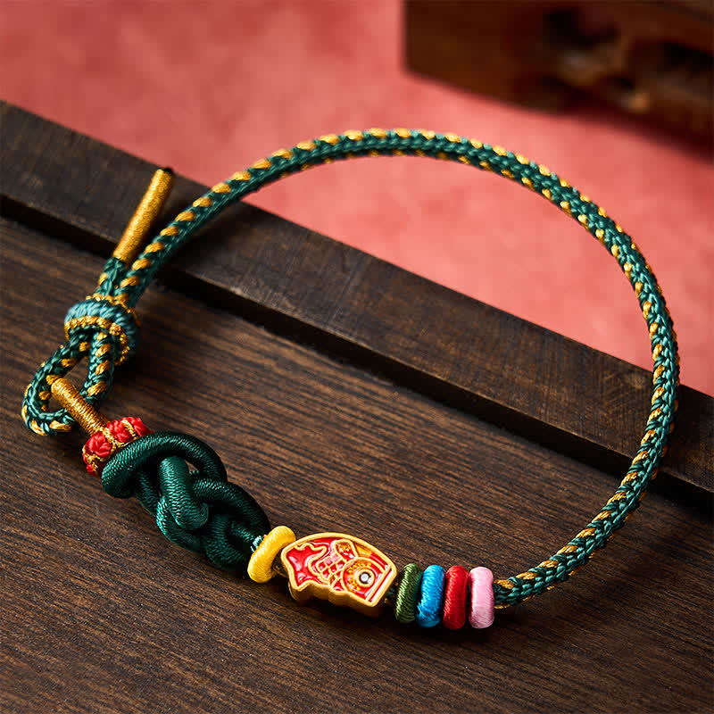 Buddha Stones Bracelet de protection en cordelette verte colorée tissée à la main, motif carpe koï - image 1