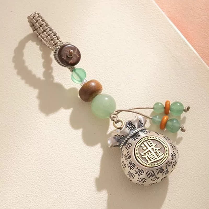 Buddha Stones Porte-clés perlés en cuivre avec sac de bénédiction tissé à la main représentant le personnage Fu - Richesse (Faites fortune chaque jour) - image 7