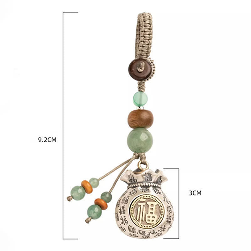 Buddha Stones Porte-clés perlés en cuivre avec sac de bénédiction tissé à la main représentant le personnage Fu - image 15