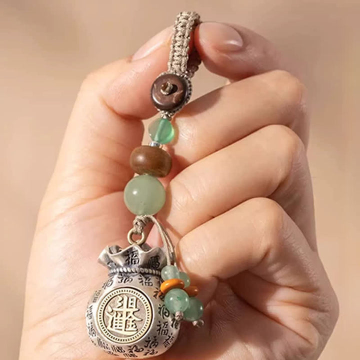 Buddha Stones Porte-clés perlés en cuivre avec sac de bénédiction tissé à la main représentant le personnage Fu - image 9