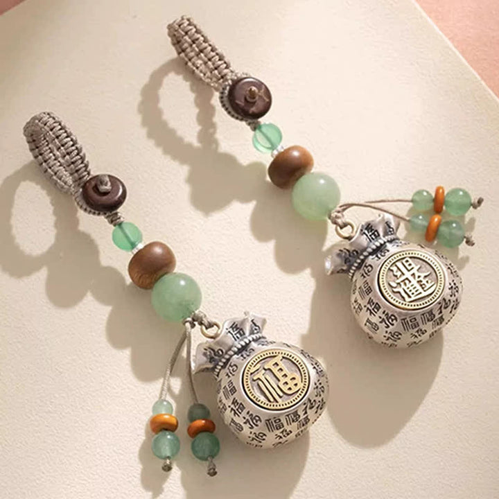 Buddha Stones Porte-clés perlés en cuivre avec sac de bénédiction tissé à la main représentant le personnage Fu - image 10