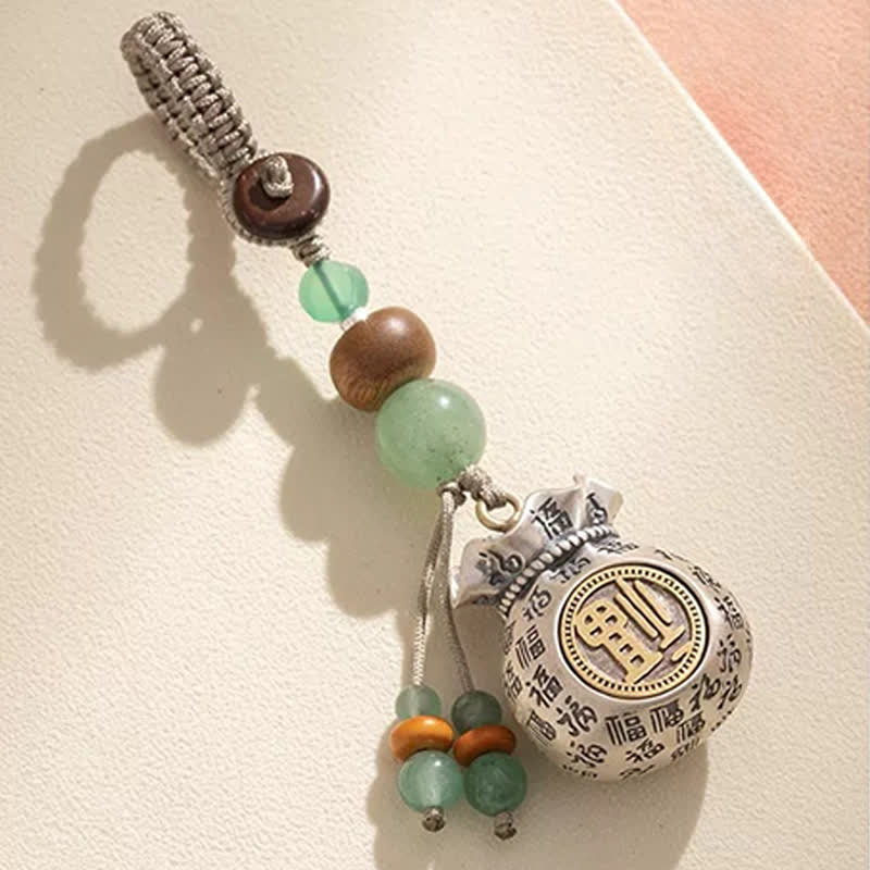 Buddha Stones Porte-clés perlés en cuivre avec sac de bénédiction tissé à la main représentant le personnage Fu - Personnage Fu (Chance ♥ Bénédiction) - image 0