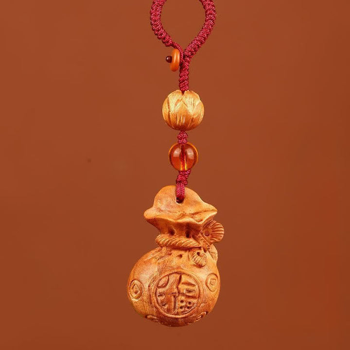 Buddha Stones Porte-clés porte-bonheur en bois de pêcher, motif lotus, avec pochette porte-bonheur - Corde rouge de lotus - image 9