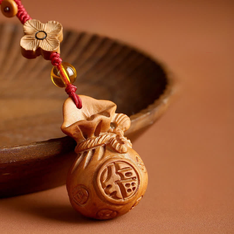 Buddha Stones Porte-clés porte-bonheur en bois de pêcher, motif lotus, avec pochette porte-bonheur - image 2