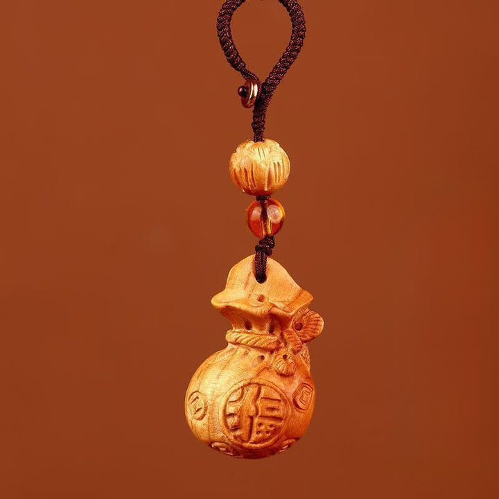 Buddha Stones Porte-clés porte-bonheur en bois de pêcher, motif lotus, avec pochette porte-bonheur - Corde marron lotus - image 8