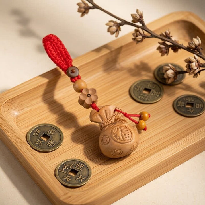 Buddha Stones Porte-clés porte-bonheur en bois de pêcher, motif lotus, avec pochette porte-bonheur - Perles de fleurs de prunier, corde rouge - image 11