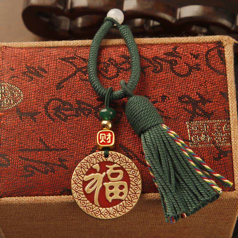 Buddha Stones Porte-clés pompon de bénédiction en laiton tressé à la main avec ficelle rouge représentant le personnage Fu - Plaque Fu à pompon vert - image 10