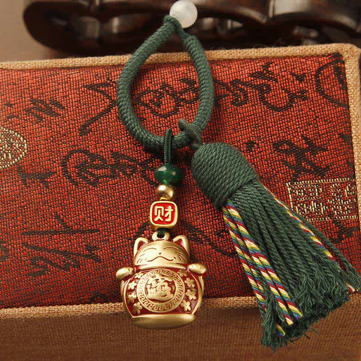 Buddha Stones Porte-clés pompon de bénédiction en laiton tressé à la main avec ficelle rouge représentant le personnage Fu - Chat porte-bonheur à pompon vert - image 2