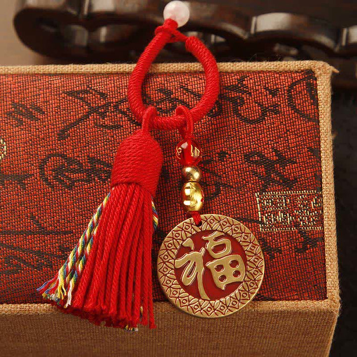 Buddha Stones Porte-clés pompon de bénédiction en laiton tressé à la main avec ficelle rouge représentant le personnage Fu - Plaque Fu à gland rouge - image 9