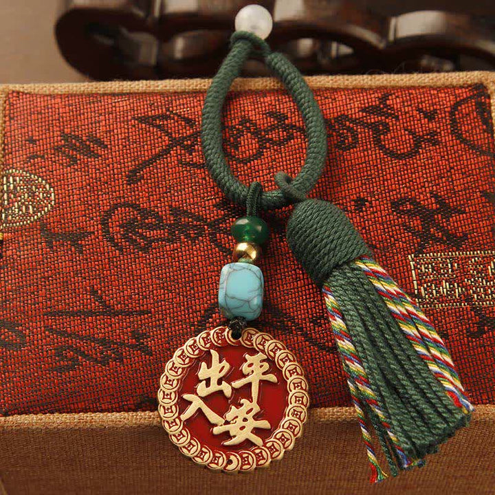 Buddha Stones Porte-clés pompon de bénédiction en laiton tressé à la main avec ficelle rouge représentant le personnage Fu - Plaque de sécurité à pompon vert - image 13