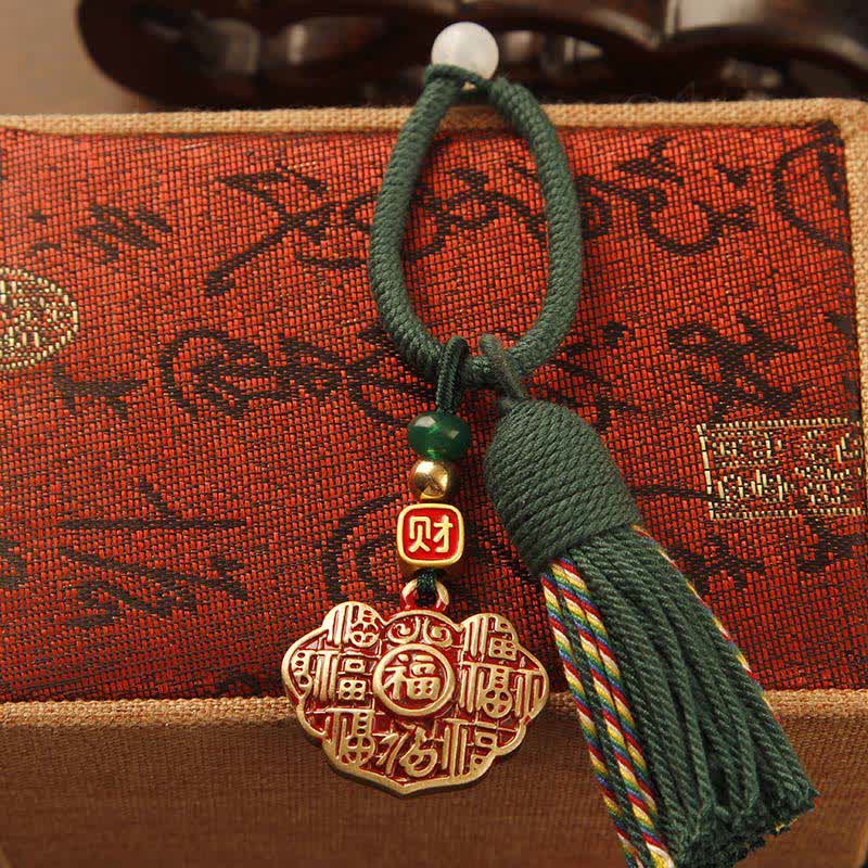 Buddha Stones Porte-clés pompon de bénédiction en laiton tressé à la main avec ficelle rouge représentant le personnage Fu - Verrou de longévité à pompon vert - image 8