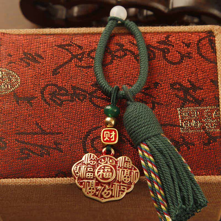 Buddha Stones Porte-clés pompon de bénédiction en laiton tressé à la main avec ficelle rouge représentant le personnage Fu - Verrou de longévité à pompon vert - image 8