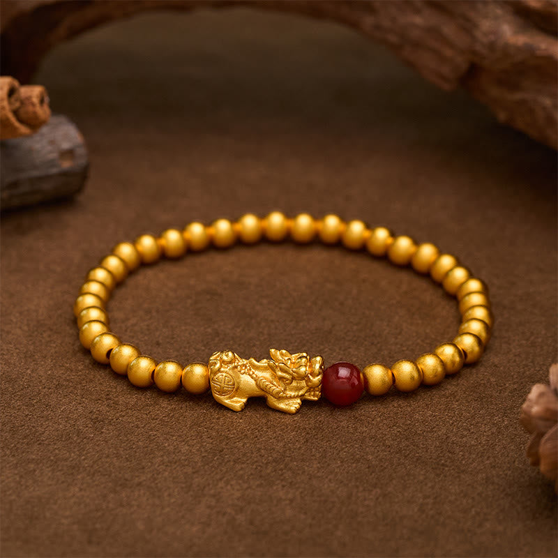 Buddha Stones Bracelet Pi Xiu en cuivre plaqué or et agate rouge, symbole de richesse, avec perles rondes. - PiXiu (Richesse ♥ Chance) - image 0