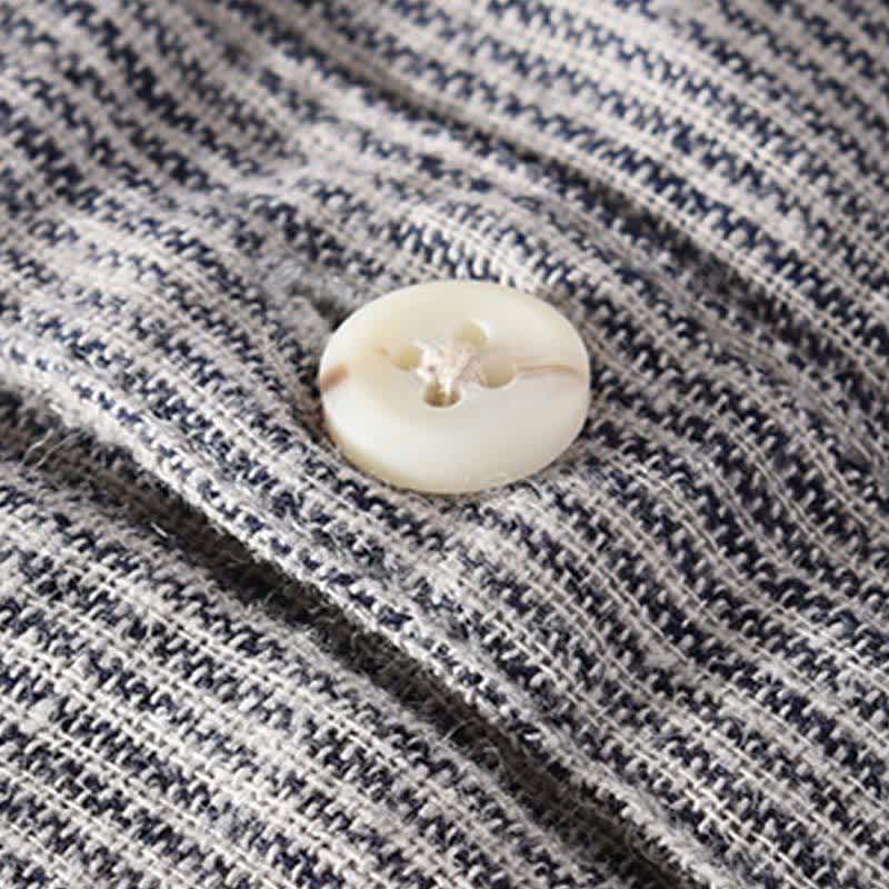 Buddha Stones Chemises d'été décontractées en lin à rayures unies pour hommes, manches courtes, avec poche plaquée - image 15