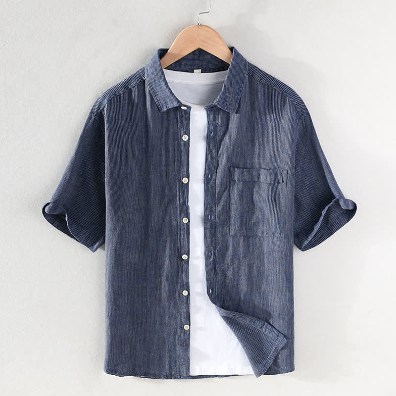 Buddha Stones Chemises d'été décontractées en lin à rayures unies pour hommes, manches courtes, avec poche plaquée - SteelBlue - US/UK/AU42，EU52 (3XL) - image 0