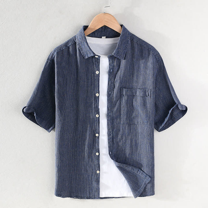 Buddha Stones Chemises d'été décontractées en lin à rayures unies pour hommes, manches courtes, avec poche plaquée - SteelBlue - US/UK/AU42，EU52 (3XL) - image 0